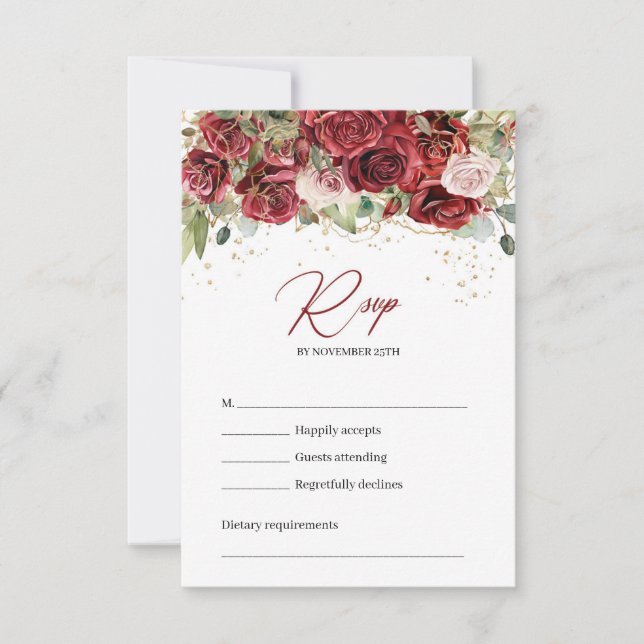 Rustikale Bordeaux- und Rosenrosen-Rosenkarte RSVP Karte (Vorderseite)