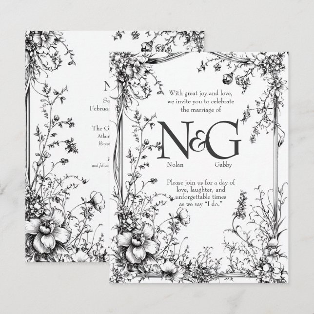 Rustikale Botanica, Schwarz-Weiß-Hand-Dragee Einladung (Vorne/Hinten)