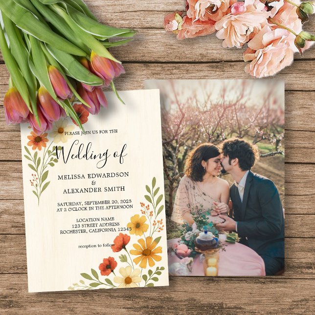 Rustikale botanische Aquarellfarben Blume Foto Hoc Einladung (Rustic botanical watercolor flowers photo boho wedding invitation.)