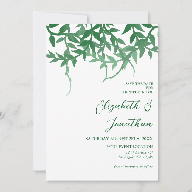 Rustikale Botanische Blätter Hochzeit Save The Date (Vorderseite)