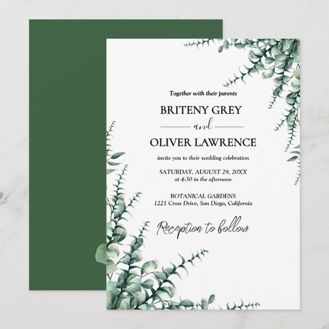 Rustikale botanische Eukalyptus-Grün-Hochzeit Einladung (Vorne/Hinten)