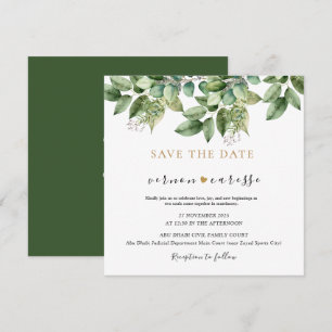Rustikale botanische grüne und goldene Hochzeit 1 Save The Date