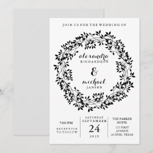 Rustikale botanische Kranz-Schwarzweiss-Hochzeit Einladung