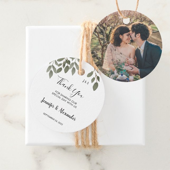 Rustikale botanische Monogramm Foto Hochzeit danke Geschenkanhänger (Rustic botanical monogrammed thank you photo wedding gift favor.)