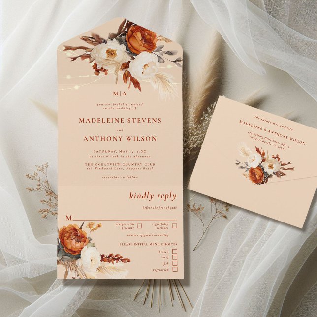 Rustikale botanische Pampas Fall Boho Hochzeit All In One Einladung (rustic barn wedding invitation all in one burnt orange boho floral botanical rust terracotta cream)