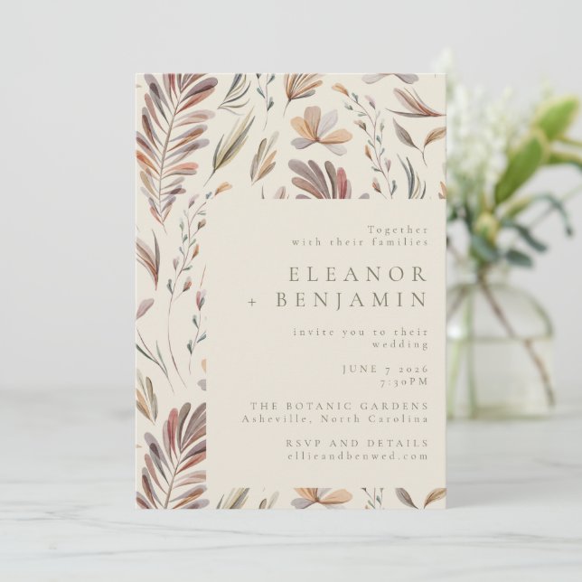Rustikale botanische Vegetation Erde Boho Hochzeit Einladung (Stehend Vorderseite)