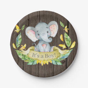 Rustikale Boy Elephant Babydusche Gelbe Papierplat Pappteller
