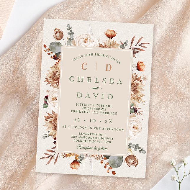 Rustikale Braun-Beige-Monogramm-Blumenzehen Einladung (Rustic Floral Wedding Invitation Template, Fall Floral Wedding Invite, Brown Cream Floral Wedding)