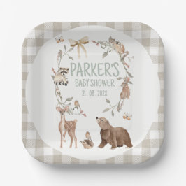 Rustikale braun karierte Wald-Babyparty-Papier Pappteller
