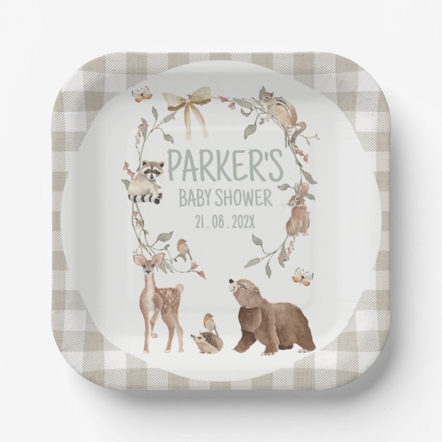 Rustikale braun karierte Wald-Babyparty-Papier Pappteller (Vorderseite)