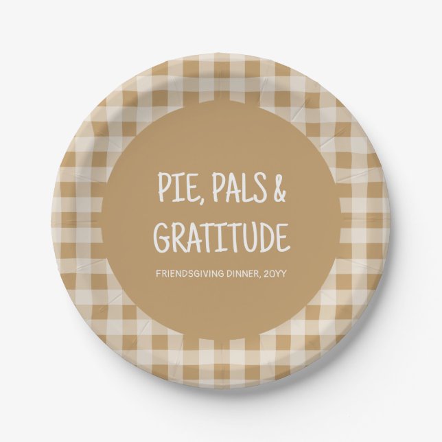 Rustikale braune Gingham-Friendsgiving-Dinnerparty Pappteller (Vorderseite)