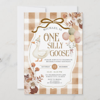 Rustikale braune Gingham-One-Silly-Goose-Geburtsta Einladung
