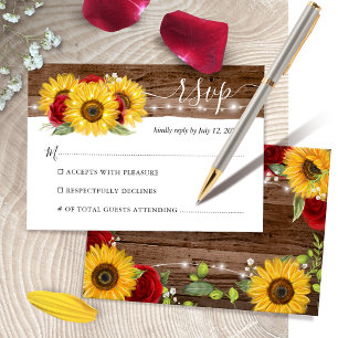 Rustikale braune Holz-Sonnenblumen- und rote Rosen RSVP Karte