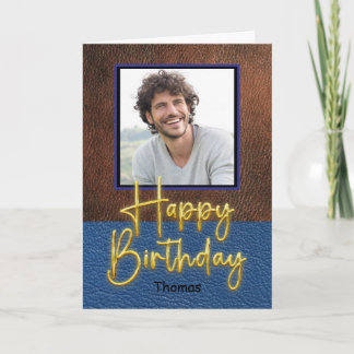 Rustikale braune und blaue Leder-Goldschrift-Gebur Karte
