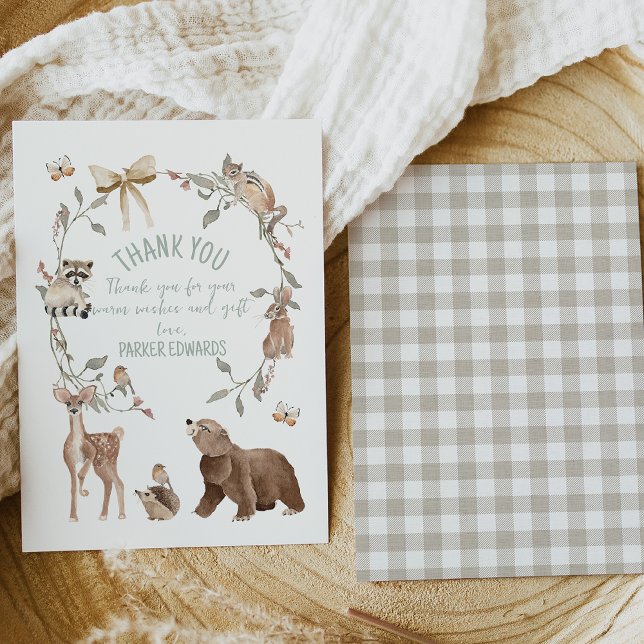 Rustikale braune Wald-Babyparty  Dankeskarte (Gender Neutral Woodland Baby Shower Thank You Card Template, Rustic Woodland Animals Thank You Card)