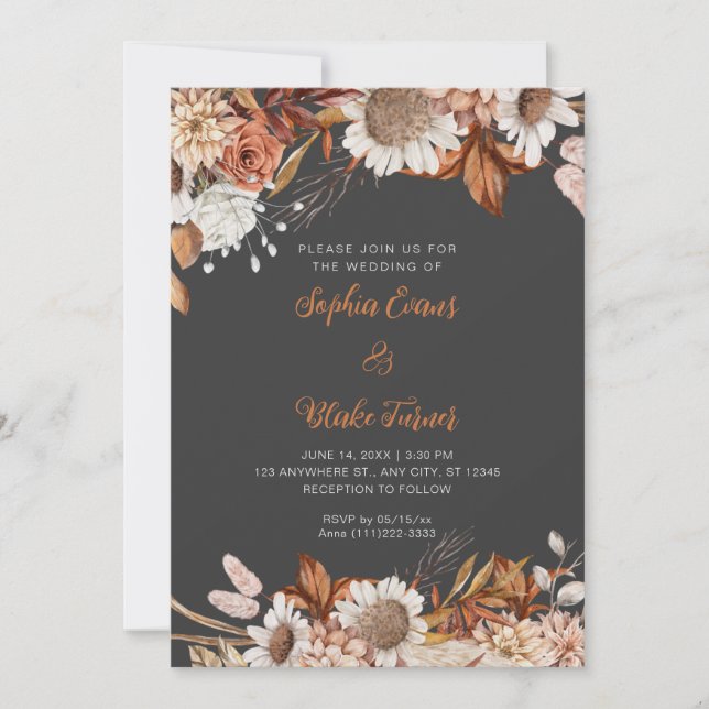 Rustikale braune weiße Blume Boho Gray Wedding Einladung (Vorderseite)