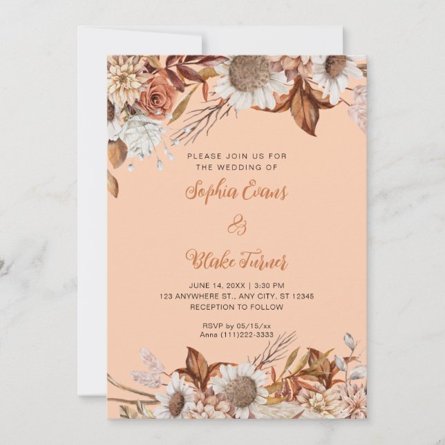 Rustikale braune weiße Blume Boho Orange Wedding Einladung (Vorderseite)