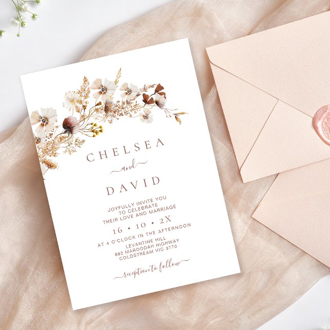 Rustikale braune Wildblumen Einladung (Rustic Wildflowers Wedding Invitation, Modern Rustic Wildflower Wedding Invite, Floral Natural Tones)
