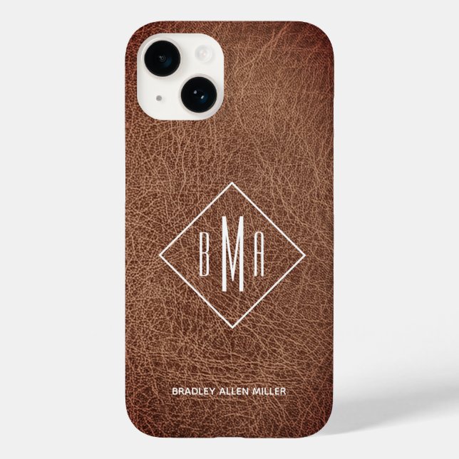 Rustikale Braunleder-Monogramm Case-Mate iPhone 14 Hülle (Rückseite)