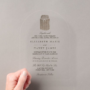 Rustikale Brautkleid-Hochzeit im Mason-Glas Acryleinladungen