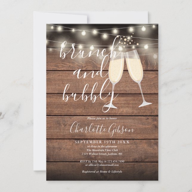 Rustikale Brunch- und Sekt-QR-Code-Hochzeitsdusche Einladung (Vorderseite)