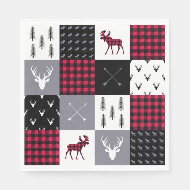 Rustikale Buffalo-Karo-Patchwork-Weihnachten in Ro Serviette (Vorderseite)
