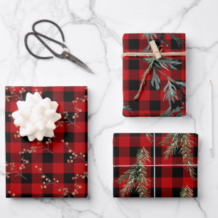Rustikale Büffel-Karierte Spruce-Zweige Ilex Berr Geschenkpapier Set