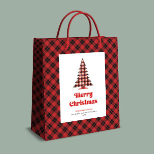 Rustikale Büffelkariert-Tannenbaum-Geschenktasche Mittlere Geschenktüte