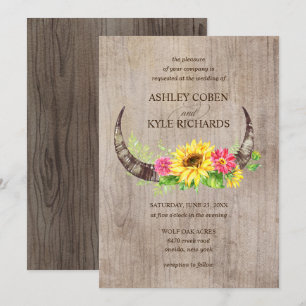 Rustikale Bullenhörner und Blume zum Hochzeitsempf Einladung