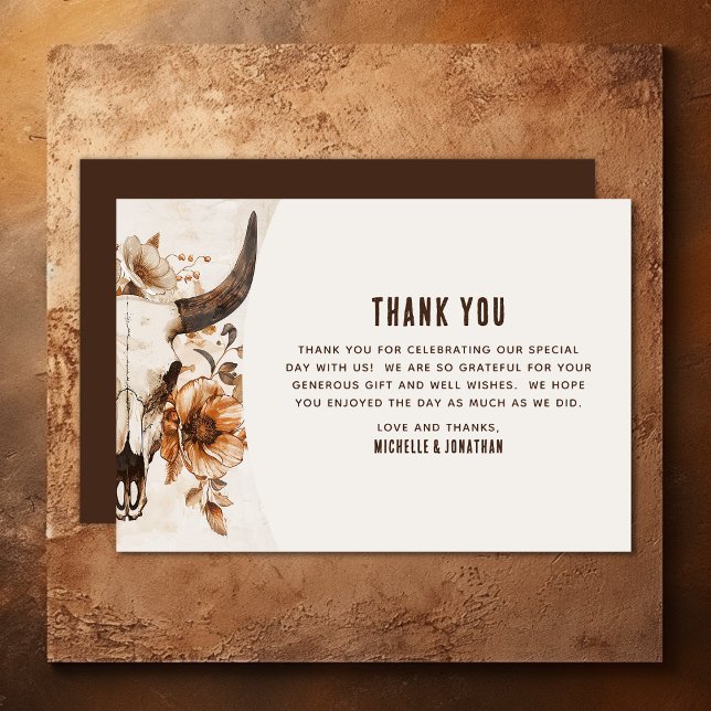 Rustikale Bullkuh Skull Floral Boho Western Hochze Dankeskarte (Rustic Bull Cow Skull Floral Boho Western Wedding Thank You Card)