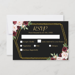 Rustikale Burgund Bloral Black & Gold Hochzeit RSVP Karte