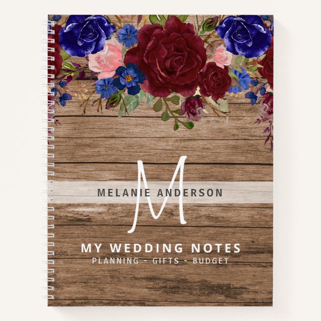 Rustikale Burgund Blue Pink Blume Hochzeitsplanung Notizbuch (Vorderseite)