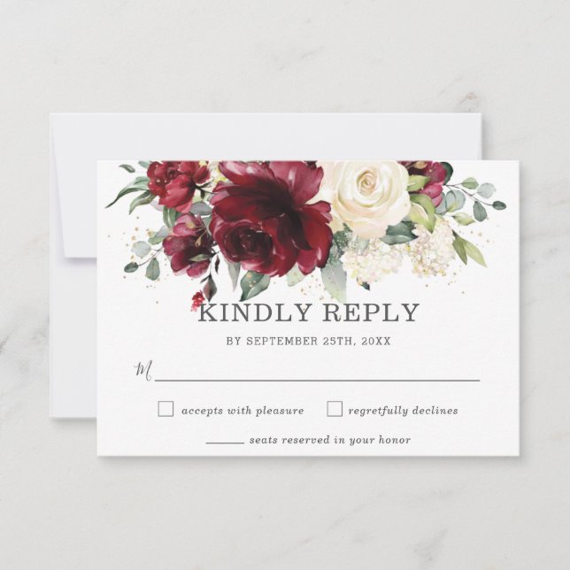 Rustikale Burgund-Elfenbein-Hochzeitskarte RSVP Karte (Vorderseite)