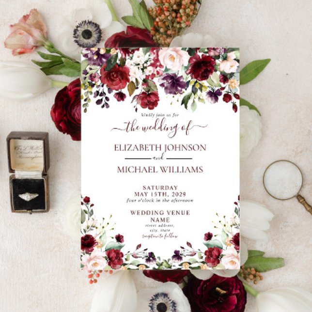 Rustikale Burgund-Floral-Aquarellschrift Hochzeit Einladung (Von Creator hochgeladen)
