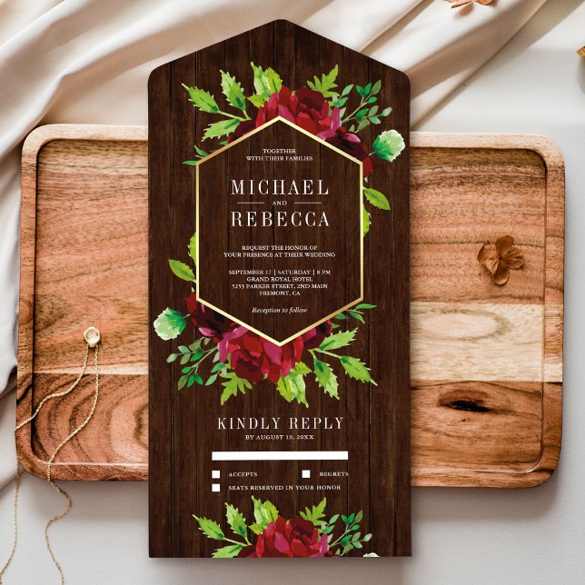 Rustikale Burgund Floral Gold Barn Wood Wedding All In One Einladung (Von Creator hochgeladen)