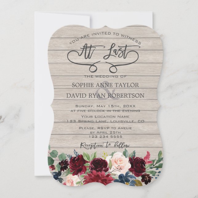 Rustikale Burgund-Floral-Holz-Handwriting-Hochzeit Einladung (Vorderseite)