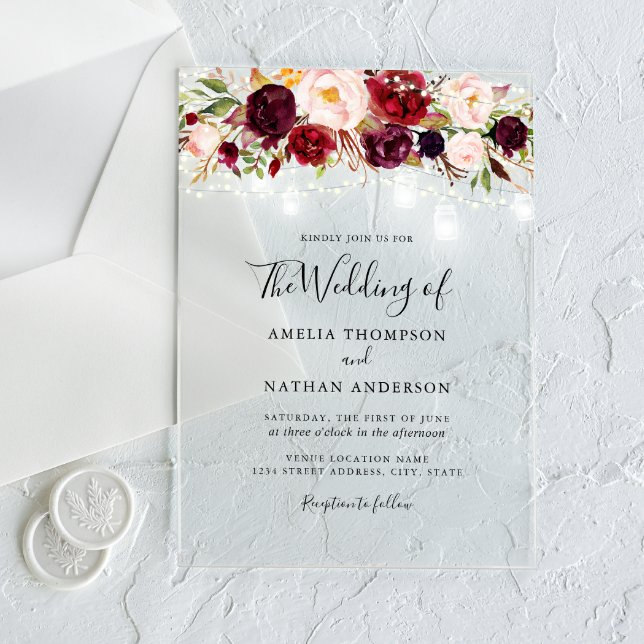 Rustikale Burgund-Floral-Lichter Hochzeit Acryleinladungen (Von Creator hochgeladen)