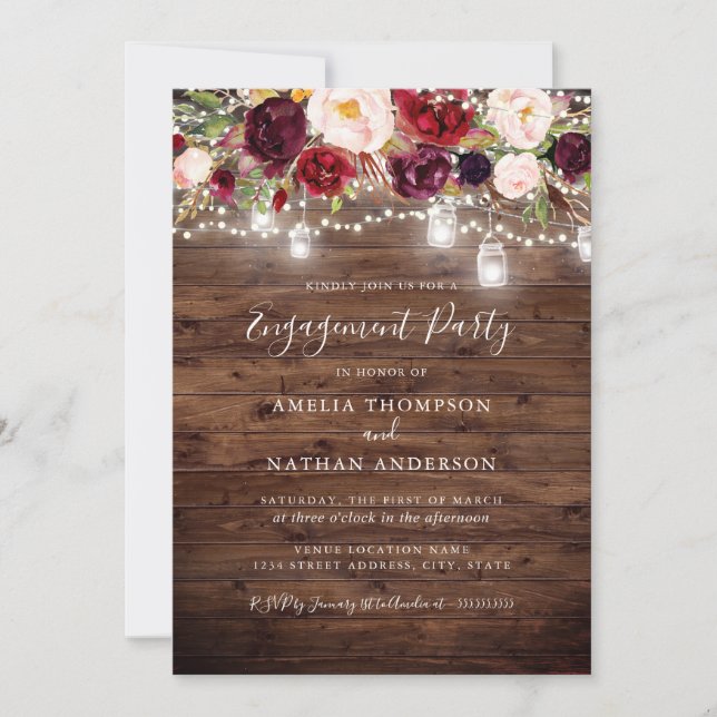 Rustikale Burgund-Floral-Lights-Engagement-Partei Einladung (Vorderseite)
