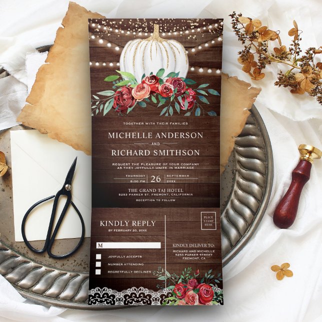 Rustikale Burgund-Floral White Pumpkin-Hochzeit im Dreifach Gefaltete Einladung (Von Creator hochgeladen)