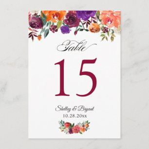 Rustikale Burgund Orange Floral Wedding Tischnumme Menükarte
