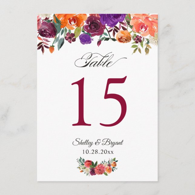 Rustikale Burgund Orange Floral Wedding Tischnumme Menükarte (Vorderseite)