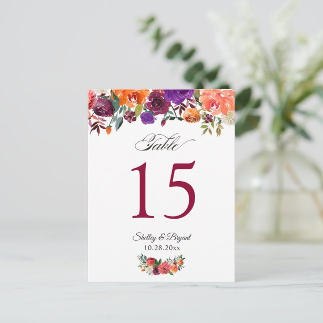 Rustikale Burgund Orange Floral Wedding Tischnumme Postkarte (Stehend Vorderseite)