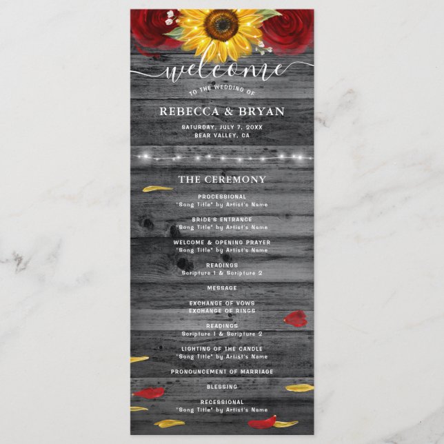 Rustikale Burgund Rose Goldblume Hochzeit der Sonn Programm (Vorderseite)