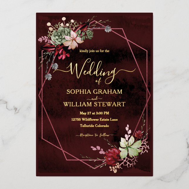 Rustikale Burgund-Wasserfarbenkalligrafie Folieneinladung (Vorderseite)