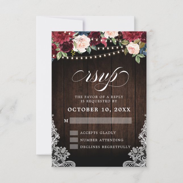 Rustikale Burgunder Blumenstrauß Hochzeit RSVP Karte (Vorderseite)