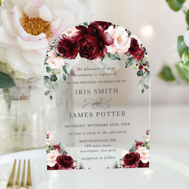 Rustikale Burgunder Blush Rose Arch Wedding Acryleinladungen (Von Creator hochgeladen)