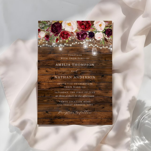 Rustikale Burgunder-Lichter-Hochzeit  Einladung (Von Creator hochgeladen)
