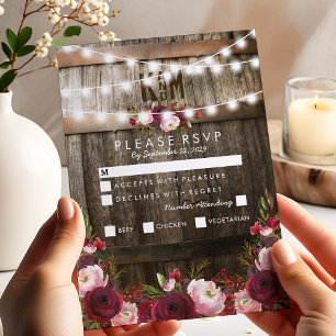 Rustikale burgunderfarbene Blumen-Hochzeitsmenü-Op RSVP Karte