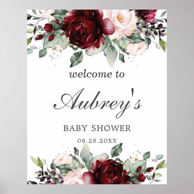 Rustikale Burgundy Blush Bloral Baby Dusche Willko Poster (Vorne)