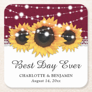Rustikale Burgundy Burlap Lace Sunflower Wedding Rechteckiger Pappuntersetzer